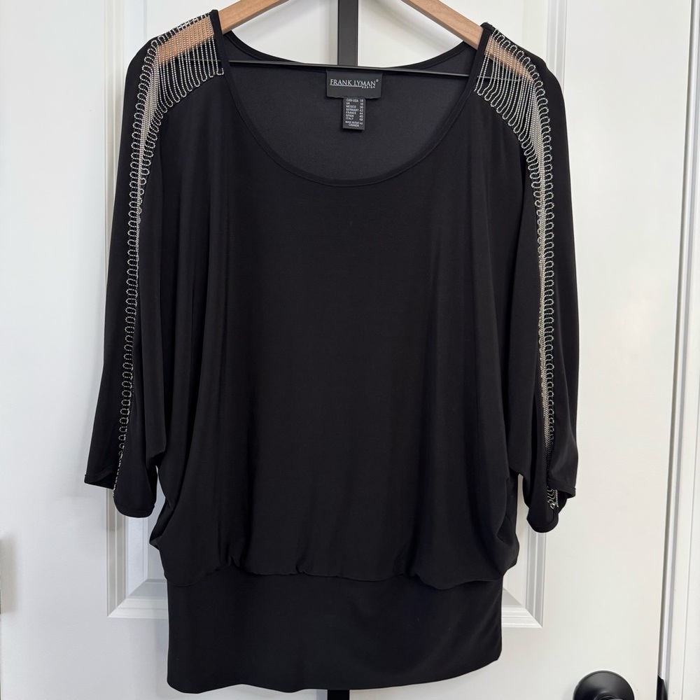 Frank Lyman Black Embellished Shoulder Blouse Tunic Top Size 14